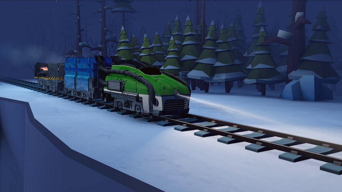 Green futuristic locomotive pulling blue freight cars on a snow-covered track through a dark forest at night.