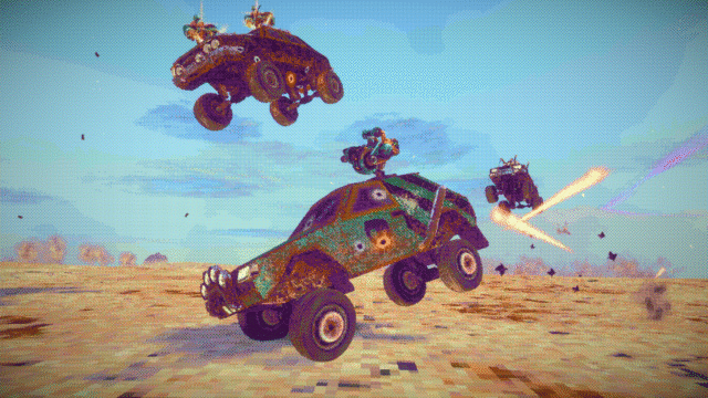 Three colorful off-road trucks perform mid-air jumps on a dusty desert track during a stunt-filled race.