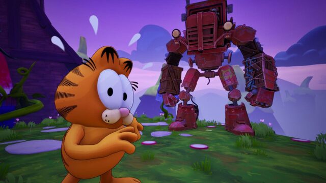 Orange cartoon cat looks frightened as a large red robot looms nearby in a vivid fantasy landscape.