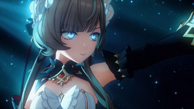 Anime-style female character with blue eyes and an elaborate outfit, reaching forward against a starry blue background.