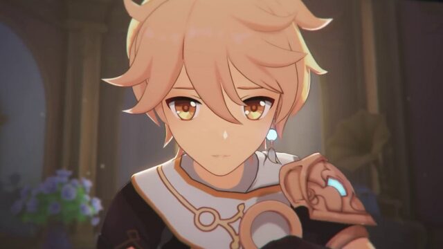 Close-up of a pale-skinned anime-style character with peach hair and amber eyes, wearing white and gold armor, looking softly ahead.