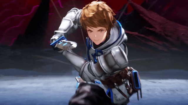 Young man in a silver, futuristic armor charging forward in a dynamic action pose amid a red, rocky backdrop and snowy ground.