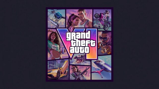 Poster-styled collage for Grand Theft Auto featuring a central logo and multiple action scenes with cars, bikes, and characters in a purple frame.