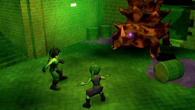 Three adventurers confront a spiky, orange monster with a purple glowing eye in a dim, green-lit dungeon.