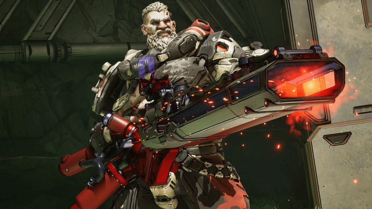 Heavily armored futuristic soldier fires a large gauss-like rifle with red accents and sparks flying around him, in a combat stance.