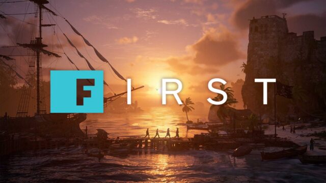 Sunset over a harbor with boats and a distant fortress, overlaid with the FIRST logo (a blue square containing a bold F).