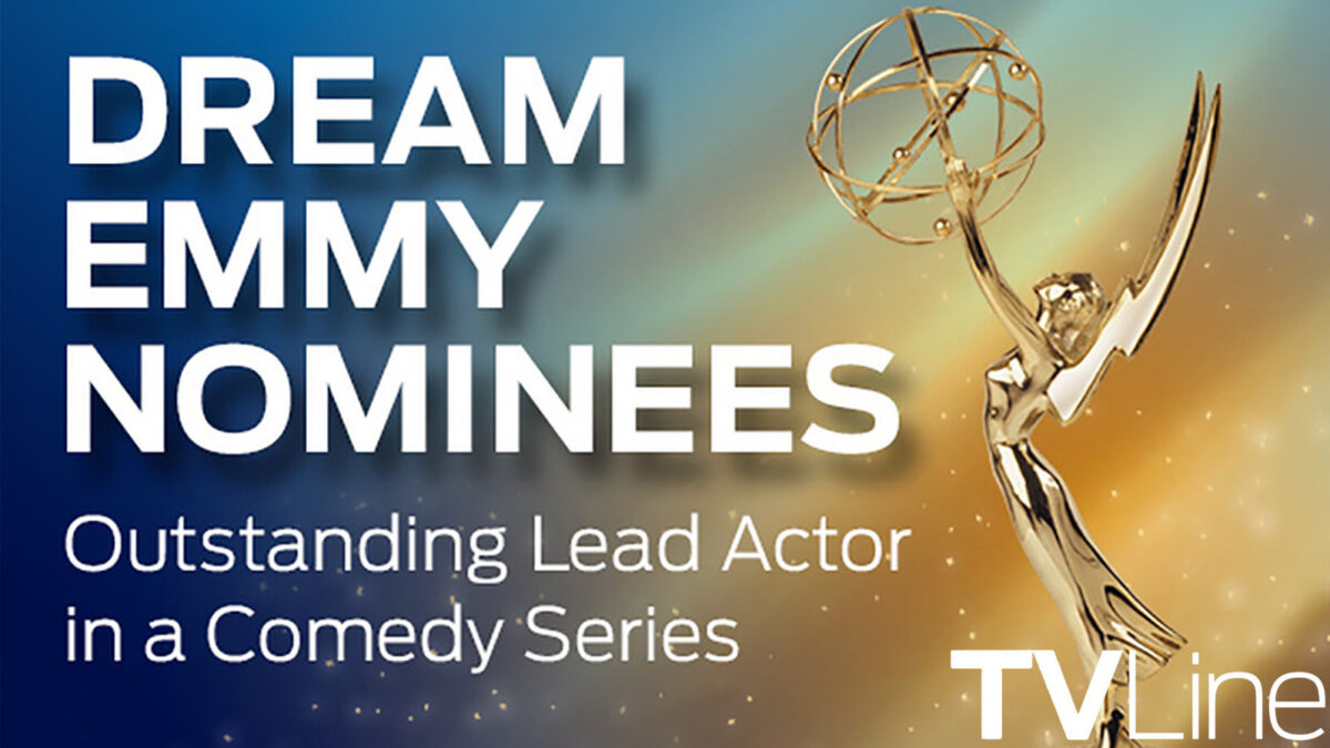 Emmy Nominees banner: large white text reading DREAM EMMY NOMINEES with an Emmy statue on the right; subtitle mentions Outstanding Lead Actor in a Comedy Series; TVLine watermark is visible.