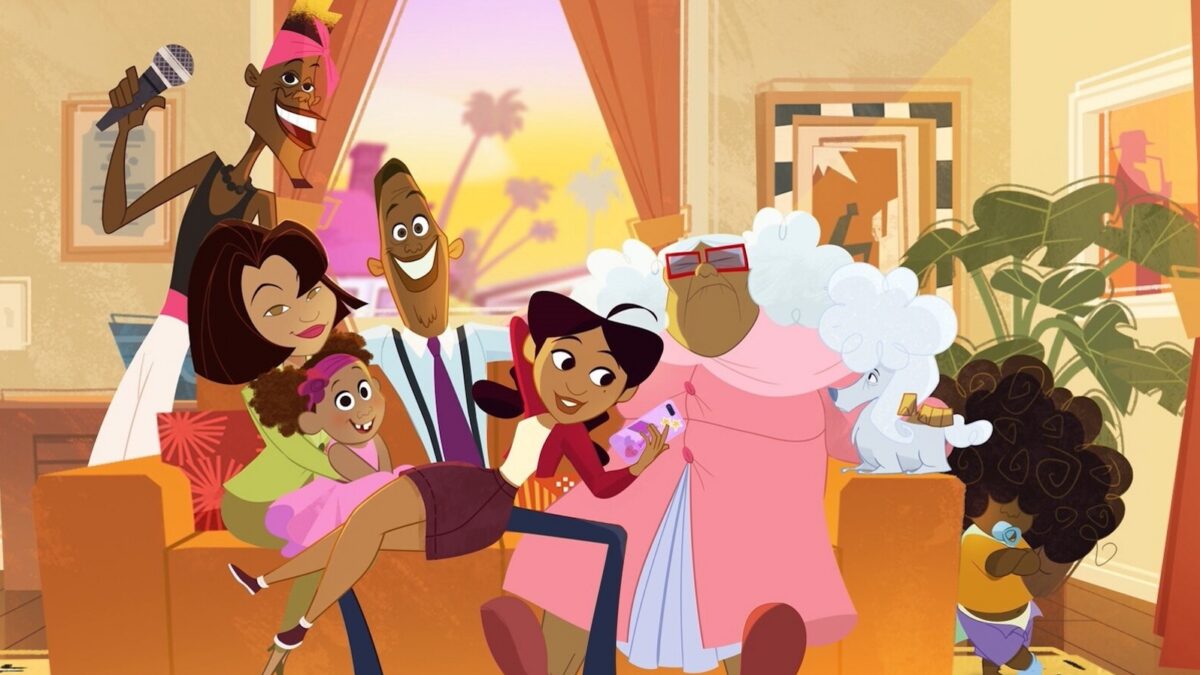 Diverse group of friends celebrating in a living room, dancing, smiling, and sharing a moment at a party.