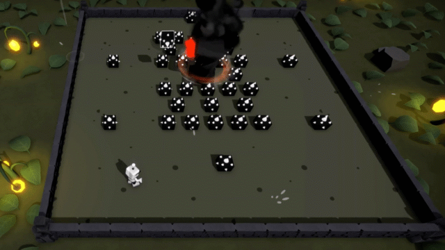 Top-down view of a game arena: a small white character fights a cluster of black dice blocks as a red explosion erupts overhead.