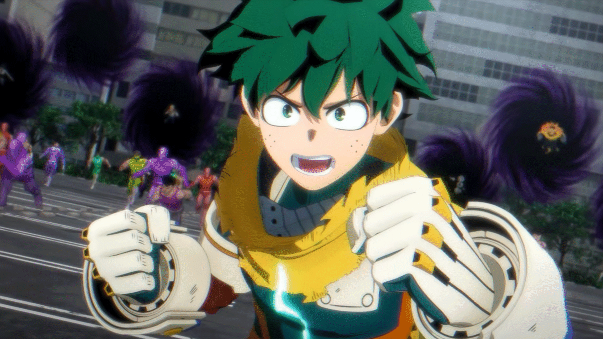Izuku Midoriya lunges forward with glowing energy, in his yellow hero suit, as purple villains chase in an urban street.