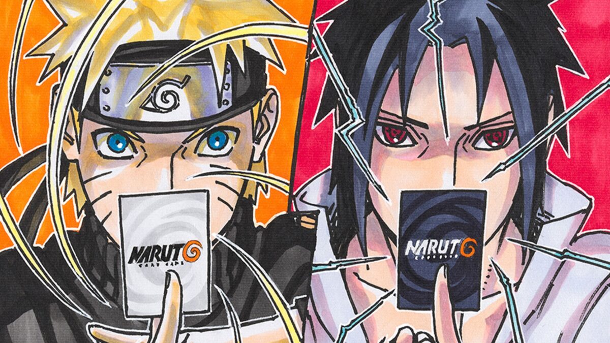 Two anime characters Naruto (left) and Sasuke (right) face forward in a split orange-red artwork, each holding a card with 'NARUTᵁ' branding in front of them.