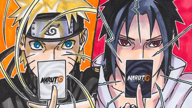 Two anime characters Naruto (left) and Sasuke (right) face forward in a split orange-red artwork, each holding a card with 'NARUTᵁ' branding in front of them.