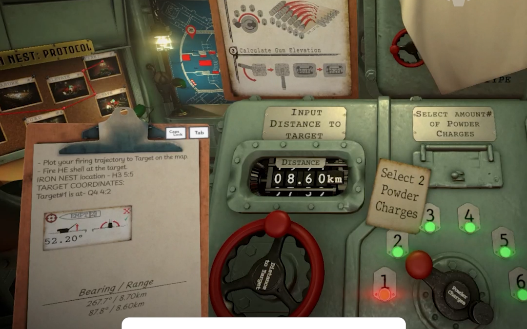 Promo image showing a game cockpit with green levers and control panels; red banner reads 'The most intense turret simulator game ever?'