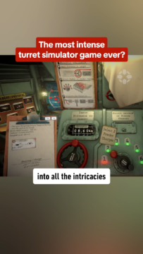 Promo image showing a game cockpit with green levers and control panels; red banner reads 'The most intense turret simulator game ever?'