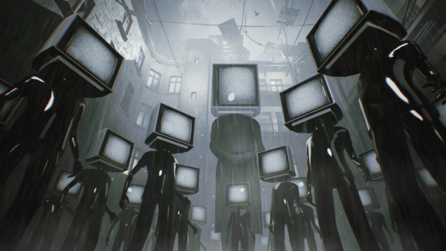 Dark silhouettes carrying CRT TV heads stand in a rain-soaked city square, creating a dystopian scene.