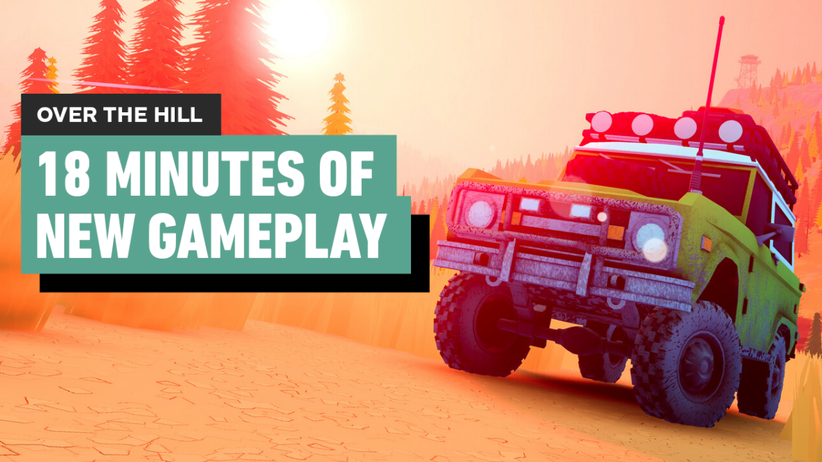 Promotional banner: off-road green SUV in a dusty desert with bold teal headline '18 Minutes of New Gameplay' and 'Over the Hill' label.