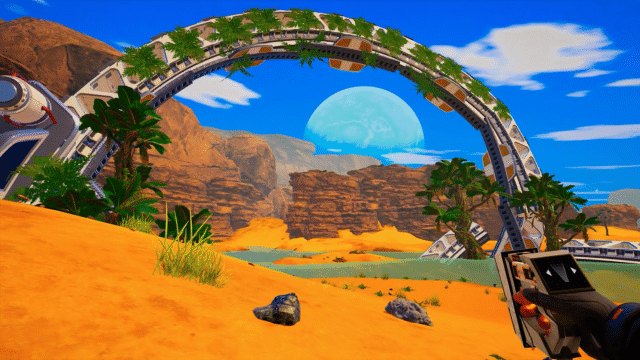 Futuristic desert scene with a circular arching rail structure, palm trees, orange sand, and a blue planet in the sky.