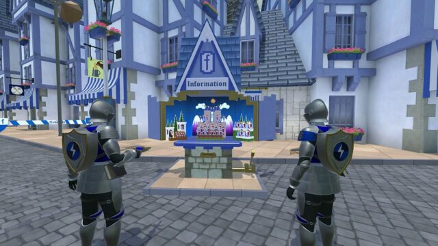 Two armored knights stand in a blue-and-white medieval town square, facing an information booth with a castle diorama on a pedestal.