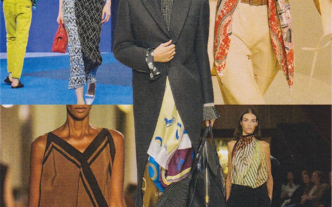 Collage of runway models wearing bold, patterned outfits and accessories on a multi-section fashion show background, with central figure in a dark blazer and sunglasses.