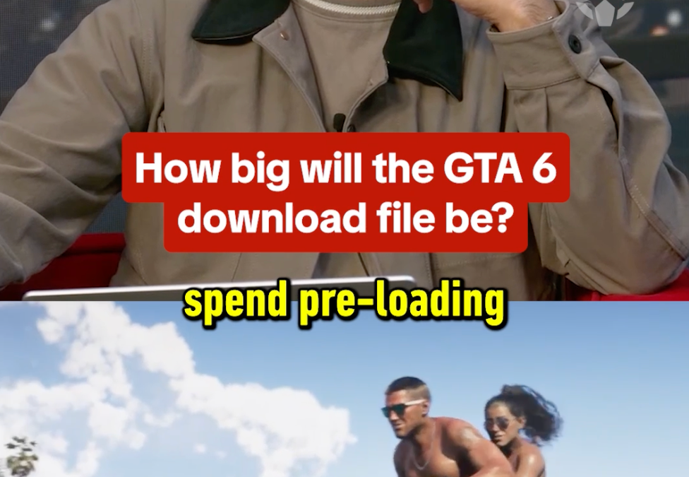 Collage: man on a talk-show with a red GTA 6 download size caption; below, a couple rides a neon green jet ski on water.