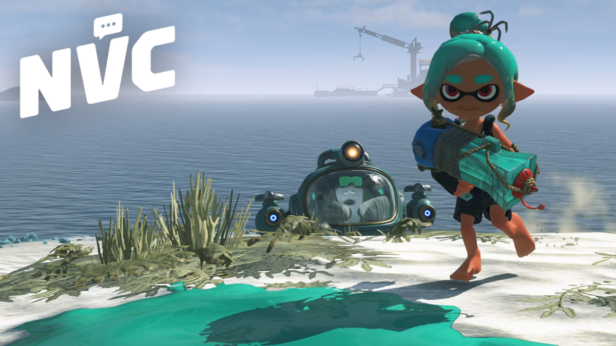 Character with teal hair and glasses runs on a sandy beach carrying a large turquoise weapon, NVC logo in the sky.