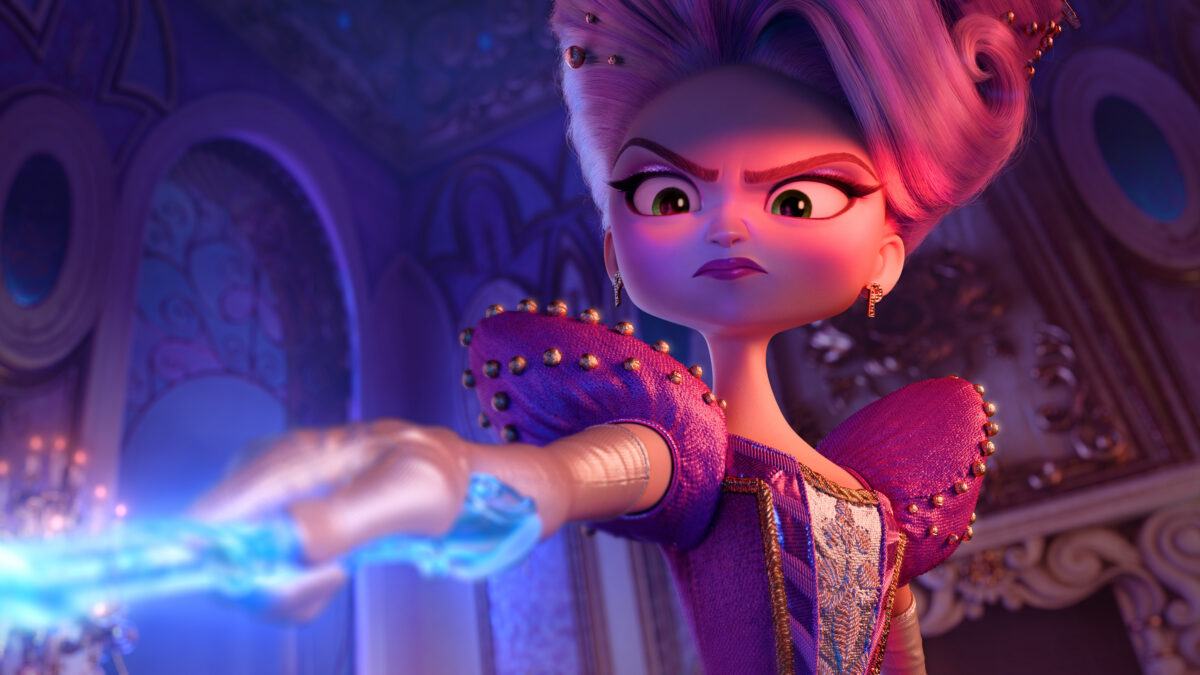 Animated queen in a jeweled purple outfit casts a blue magical beam in a richly decorated ballroom/palace setting, looking furious.
