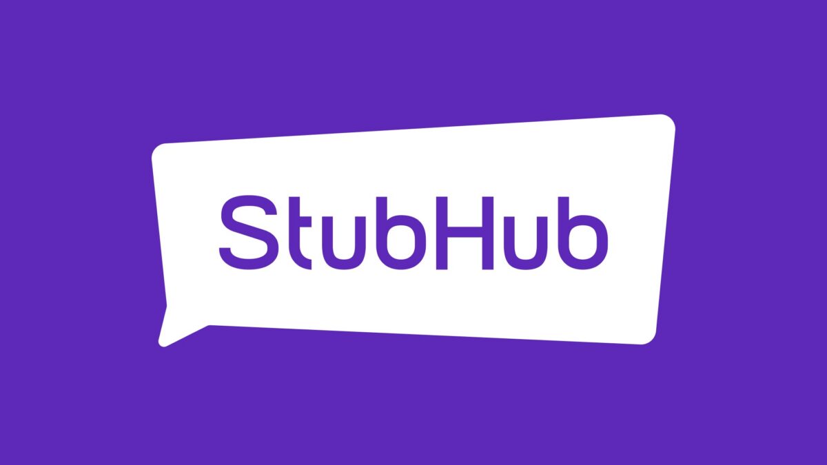 Purple marketing banner with a white rounded speech-bubble shape overlapping the lower portion containing the bold text 'StubHub' in purple.