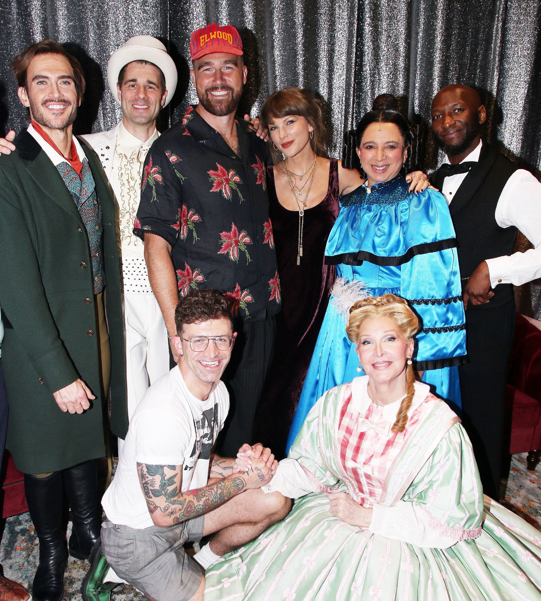 Cheyenne Jackson, Martin Landry, director Sam Pinkleton, Travis Kelce, Taylor Swift, Maya Rudolph as "Mary Todd Lincoln," Bianca Leigh and Phillip James Brannon pose backstage at the hit comedy 'Oh, Mary!' on Broadway at the Lyceum Theatre on June 13, 2026 in New York City.