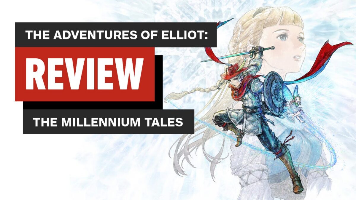 Banner for 'The Adventures of Elliot: Review – The Millennium Tales' with bold red/black text blocks on the left and a jumping fantasy warrior with sword on the right.