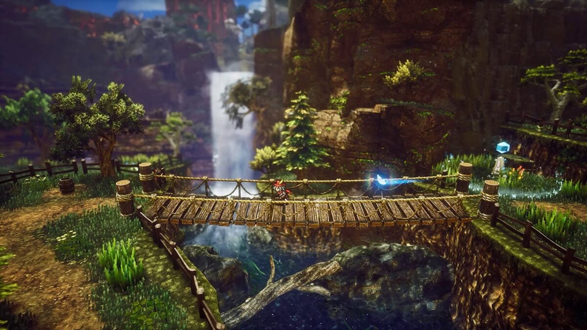 In-game scene: a wooden rope bridge spans a ravine with a waterfall in the background and a character standing on the bridge amid lush greenery and a blue glow nearby.