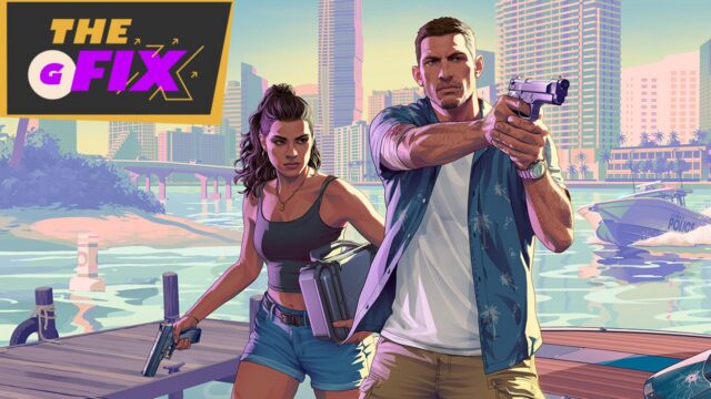 Two gun-wielding protagonists on a dock, city skyline behind them; THE GFIX logo in the top-left corner, sunset tones.