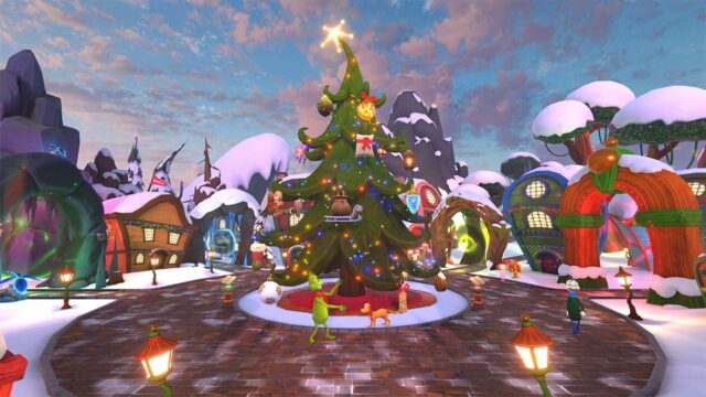 Colorful cartoon Christmas village with a lit central tree, snow-covered roofs, and whimsical houses; characters stroll along a brick-paved plaza.