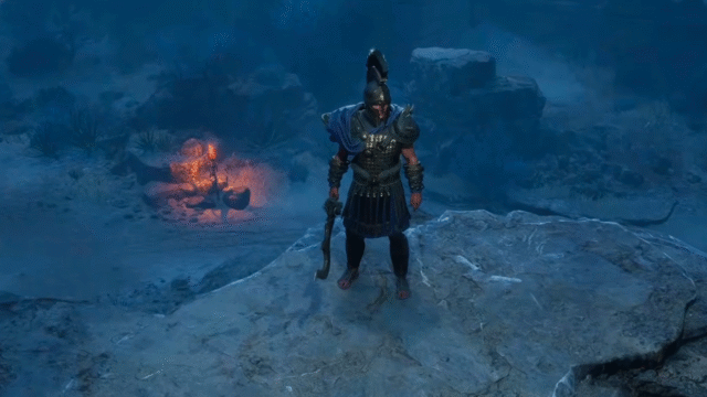 Armored warrior standing on a rocky cliff at night, with a curved blade and a lit torch in the background.