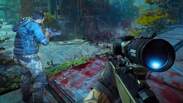 First-person view of a soldier aiming a high-tech sniper rifle at a horde of zombies in a ruined city street, blood on the ground and blue particles in the air.”