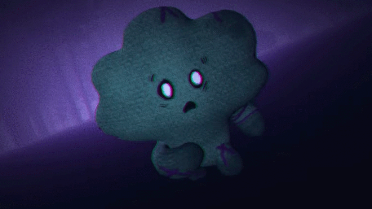 Teal fluffy cartoon character with wide eyes and an open mouth in a dim purple scene, looking surprised.