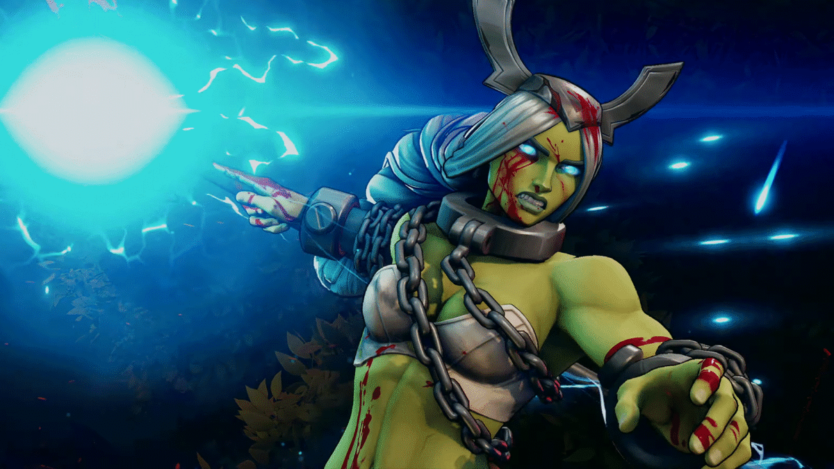 Green-skinned female warrior in armor and heavy chains unleashes a bright blue energy blast toward the left.