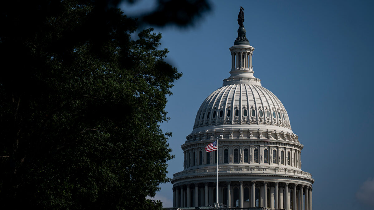 Partial view of the US Capitol dome framed by trees on the left with a blue sky behind.