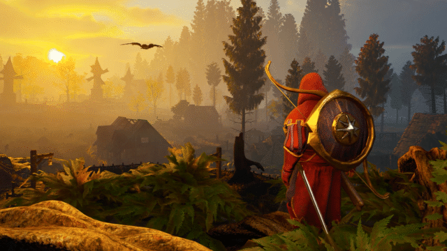 A lone red-armored warrior with a round shield and spear surveys a sunlit, ruined village amid a dense forest at sunset.