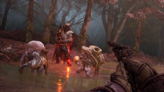 First-person view of a armored warrior facing three grotesque monsters in a swampy forest, ready to attack with glowing red embers.