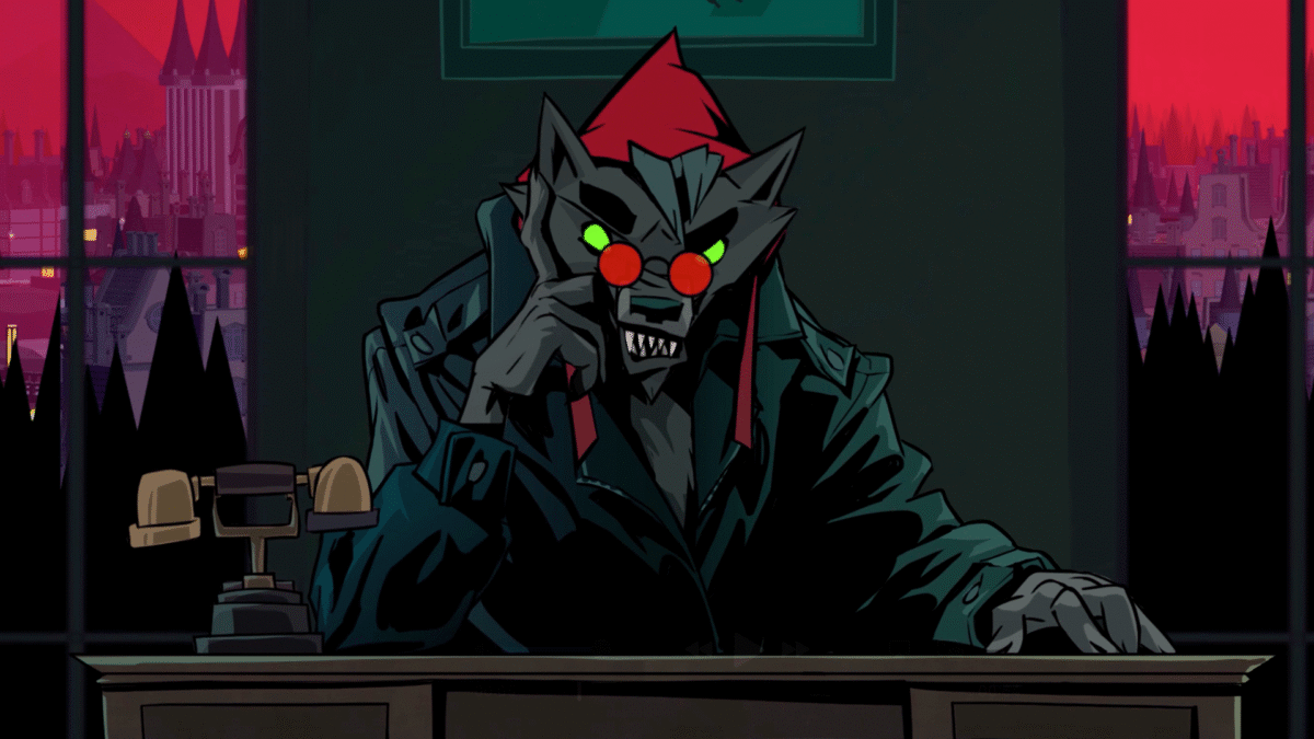 Villain in a dark coat and red hood with glowing green eyes sits at a desk, stroking their chin in a dim, neon-lit office overlooking a cityscape.