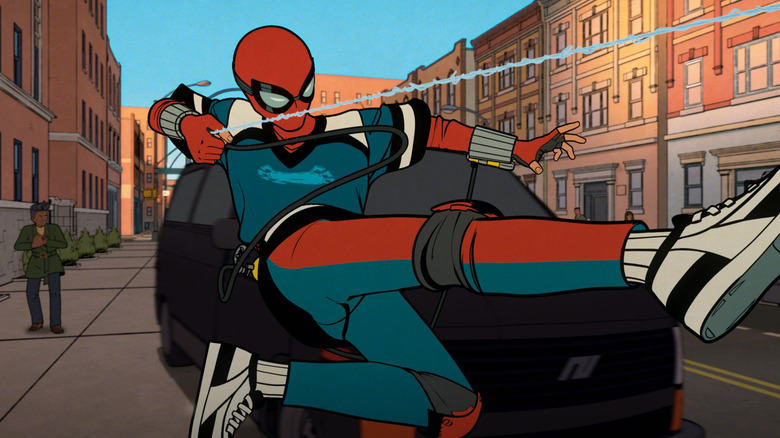 Peter Parker in his homemade suit swings into action as Your Friendly Neighborhood Spider-Man