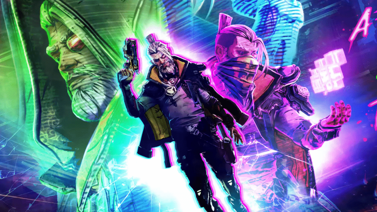 Two neon-lit action characters sprint through a cyberpunk city, guns drawn, with bright pink and green highlights behind them.
