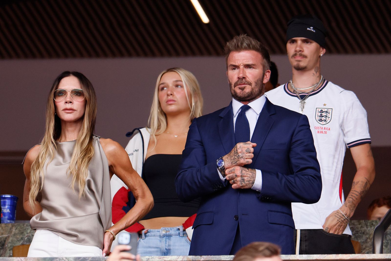 MIAMI GARDENS FLORIDA JULY 11 Victoria Beckham Harper Beckham Sir David Beckham and Cruz Beckham look on from the stand...