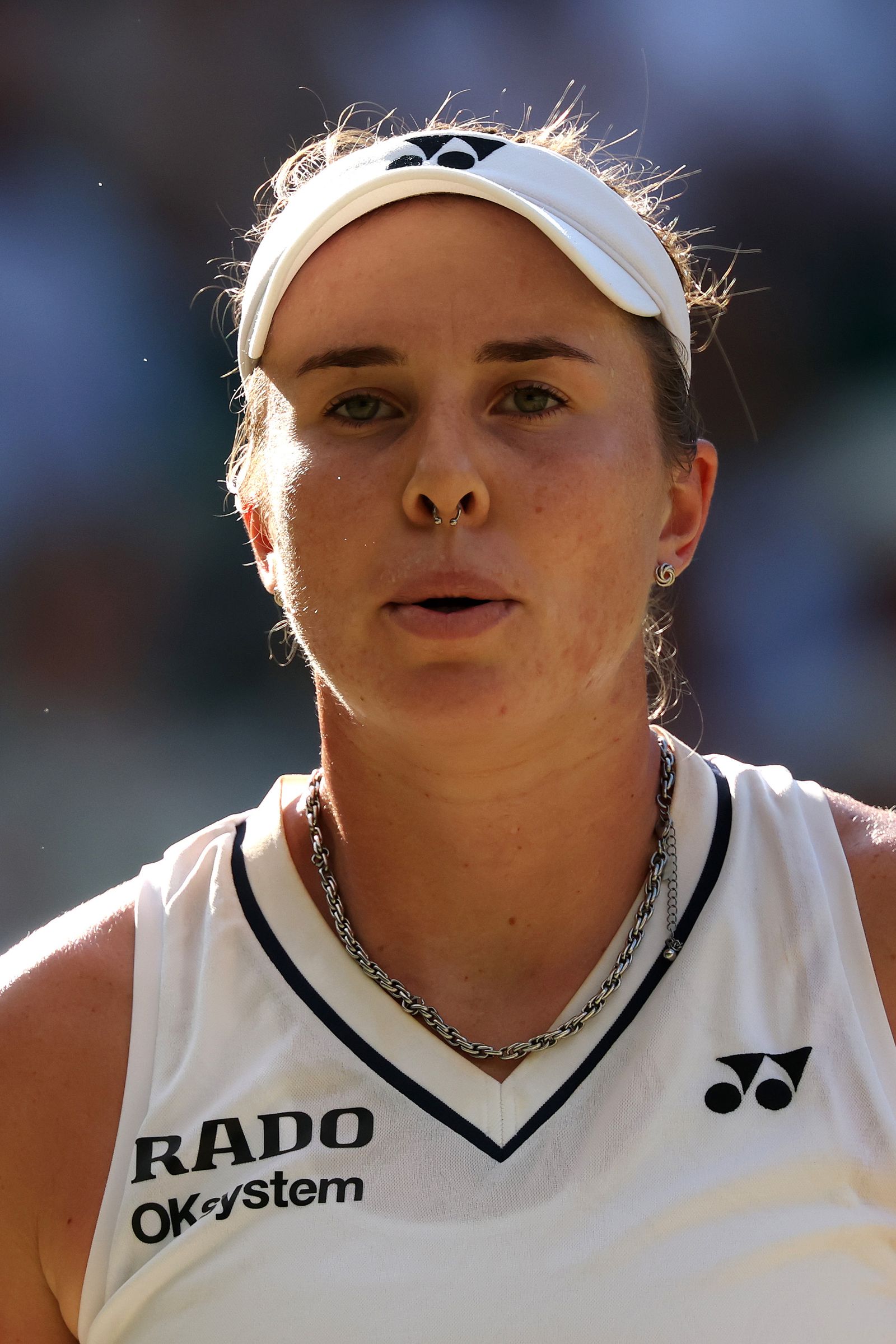 LONDON ENGLAND JULY 11 Linda Noskova of Czechia looks on against Karolina Muchova of Czechia during their Ladies'...