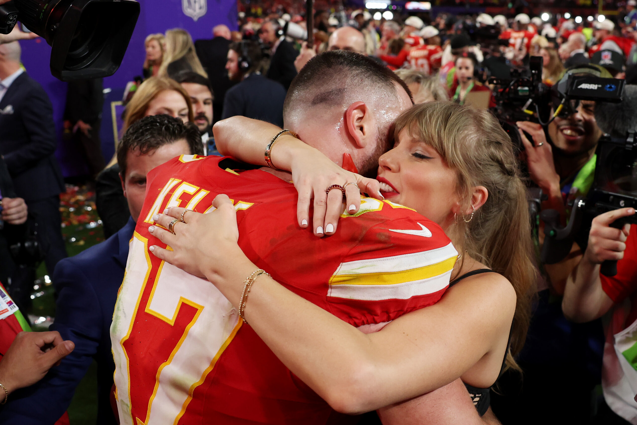 Travis Kelce and Taylor Swift celebrating the Chiefs' 2024 Super Bowl win.