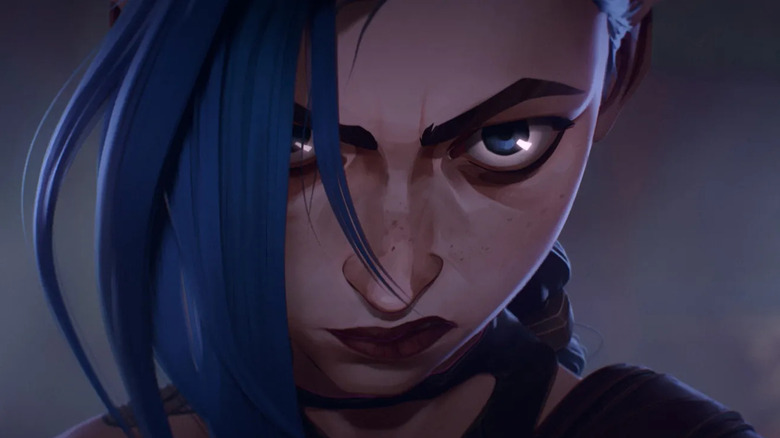 A close-up of Jinx looking angry in Arcane