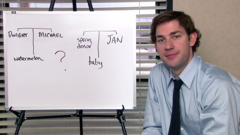 John Krasinski as Jim, smiling in front of a white board in The Office.