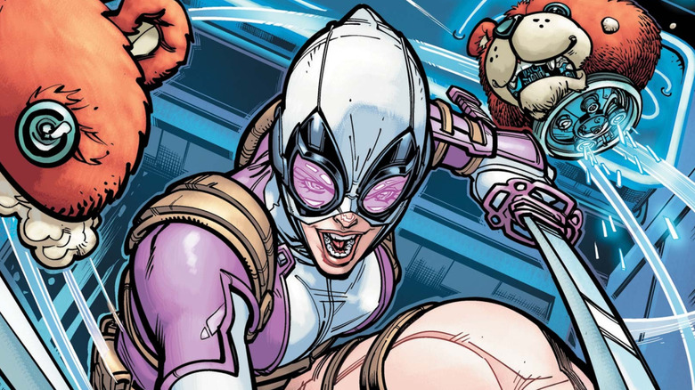 Gwenpool slices through robot teddy bears.