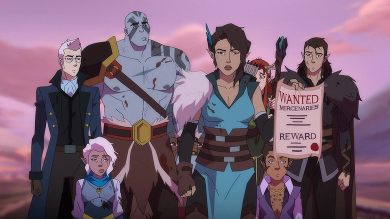 Percival, Pike, Grog, Vax'ildan, Keyleth, and Scanlan standing together in The Legend of Vox Machina