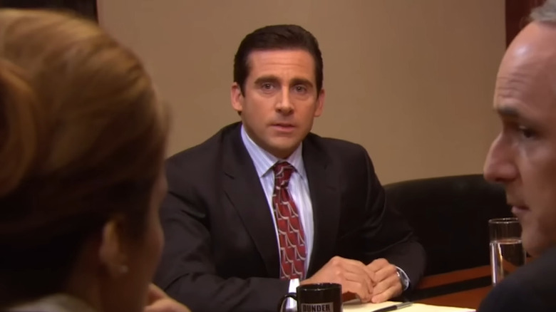 Steve Carell as Michael, looking nervous in the deposition in The Office.